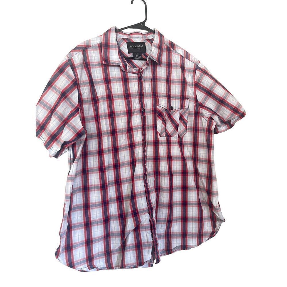 Rocawear Mens Plaid Short Sleeve Button-Down Shirt Red Blue & White 3XL